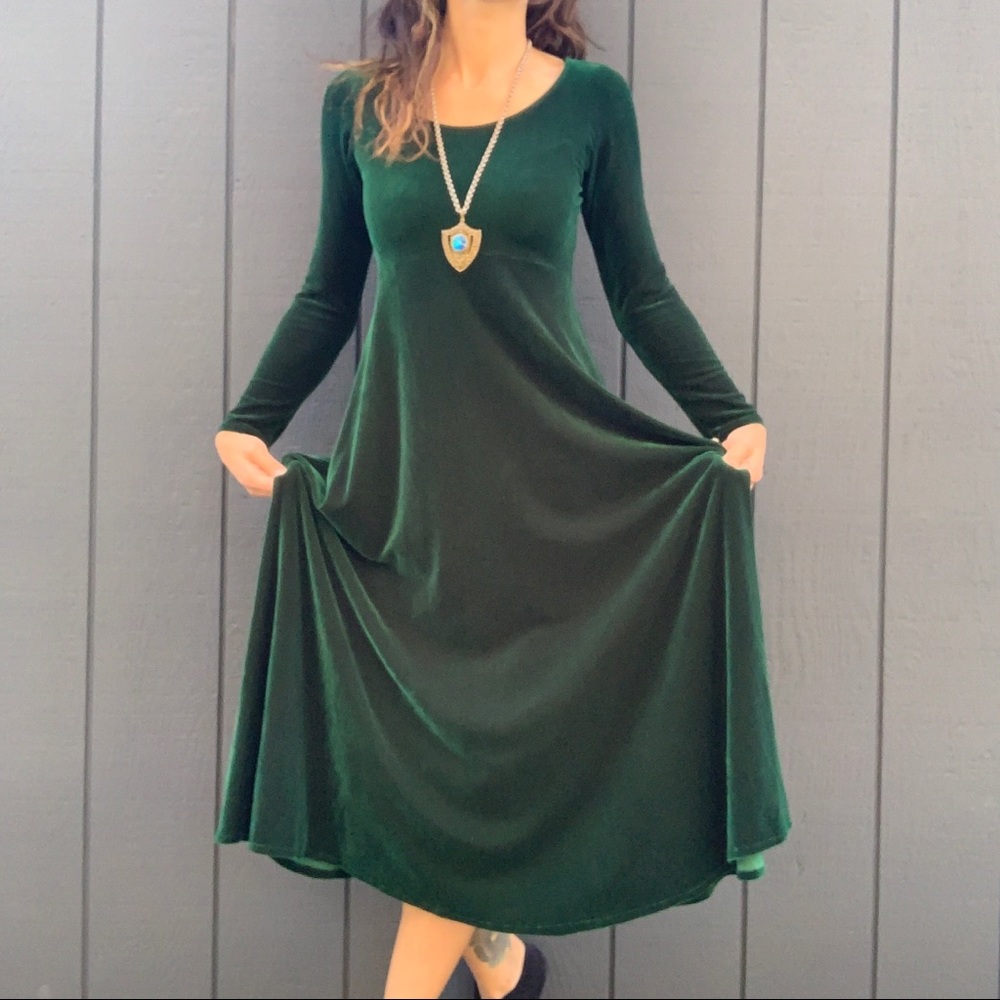SOLD!!Vintage Dark green velvet empire waist dress Sz S - Picture 1 of 5